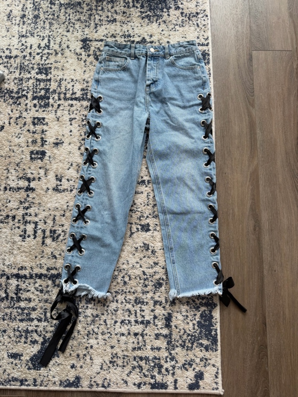 Sans Souci Light Blue Jeans with Black Lace-Up Sides - Womens